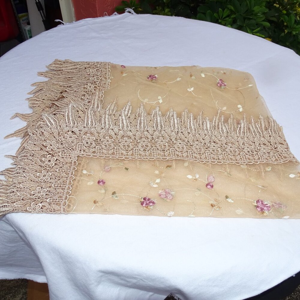 Stunning Sheer Square table topper with lace edging